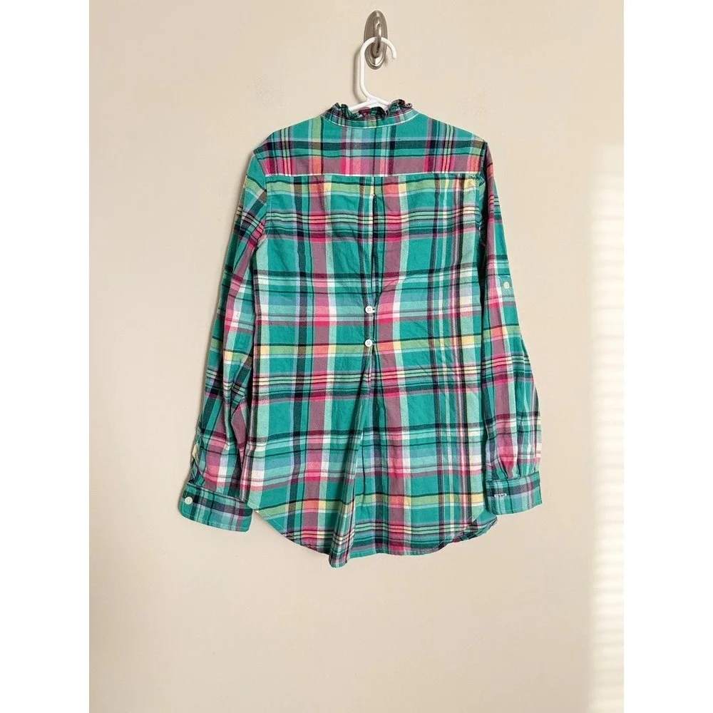 Ralph Lauren Girls Green Pink Plaid Ruffle Collar Button Down Shirt Size 10